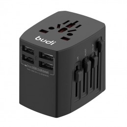 Universal Wall Charger / AC Adapter Budi 4x USB, 5A, EU/UK/AUS/US/JP (black)