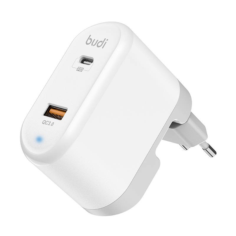 Budi 328E Universal Wall Charger, USB + USB-C, 18W + EU/UK/US Adapters (White)