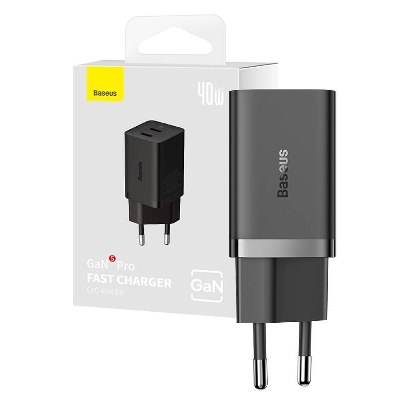 Wall Charger Baseus GaN5 40W, 2x USB C (Black)