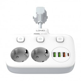 Power strip with 2 AC sockets, 3x USB, USB-C, LDNIO SE2435, 2500W (white)