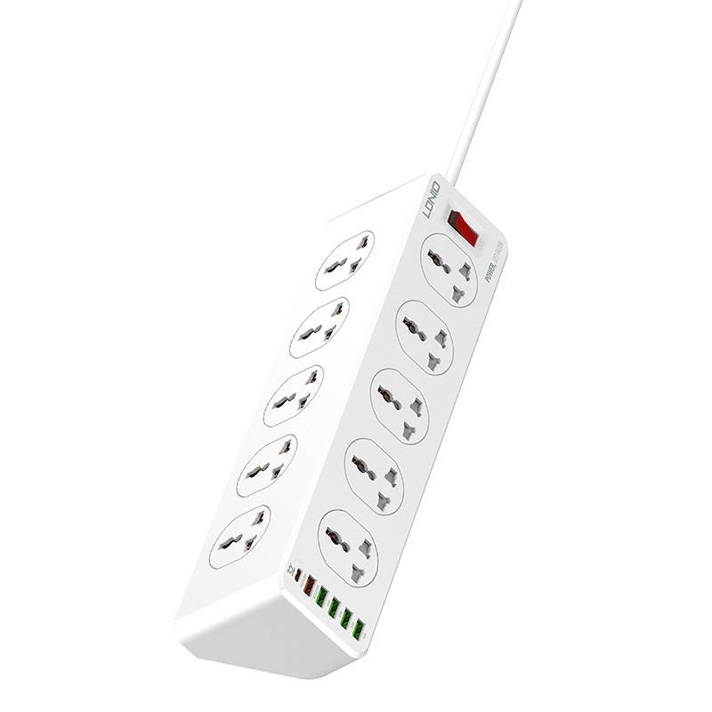 LDNIO SC10610 power strip with 10 AC outlets, 5x USB, 1x USB-C, 2500W, EU/US, 2m (white)