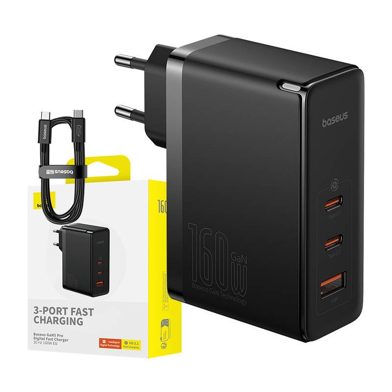 Wall charger Baseus GaN5 Pro 2xUSB-C + USB, 160W (black)