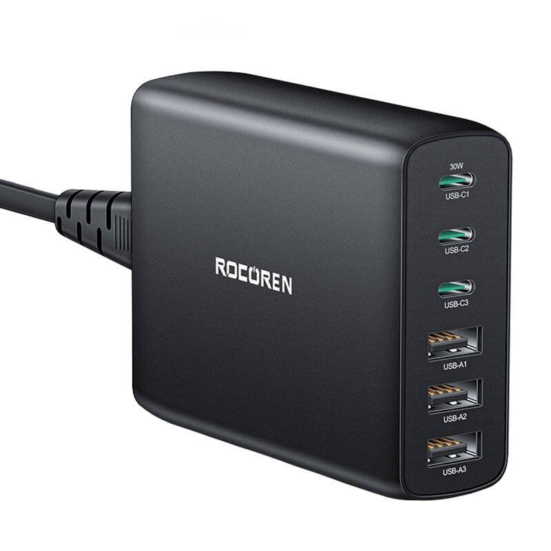 Wall charger GaN Rocoren 3x USB-C, 3x USB, 100W (black)