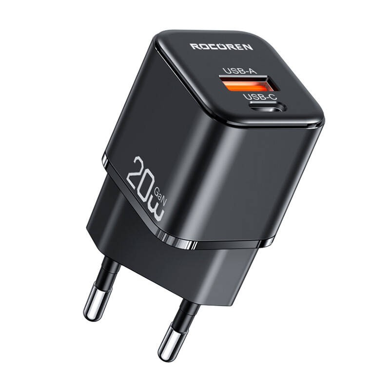 Wall charger MiniGaN Rocoren USB-C, USB, 20W (black)