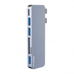 Hub 5w1 RayCue 2x USB-C do Thunderbolt 3 + 3x USB-A 3.0 5Gbps + SD/TF 2.0 (szary)