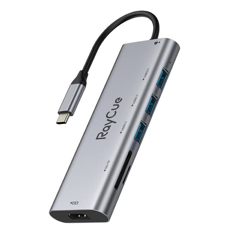 Hub 7w1 RayCue USB-C do 3x USB-A 3.0 5Gbps + SD/TF 3.0 + HDMI 4K30Hz + PD 3.0 100W (szary)