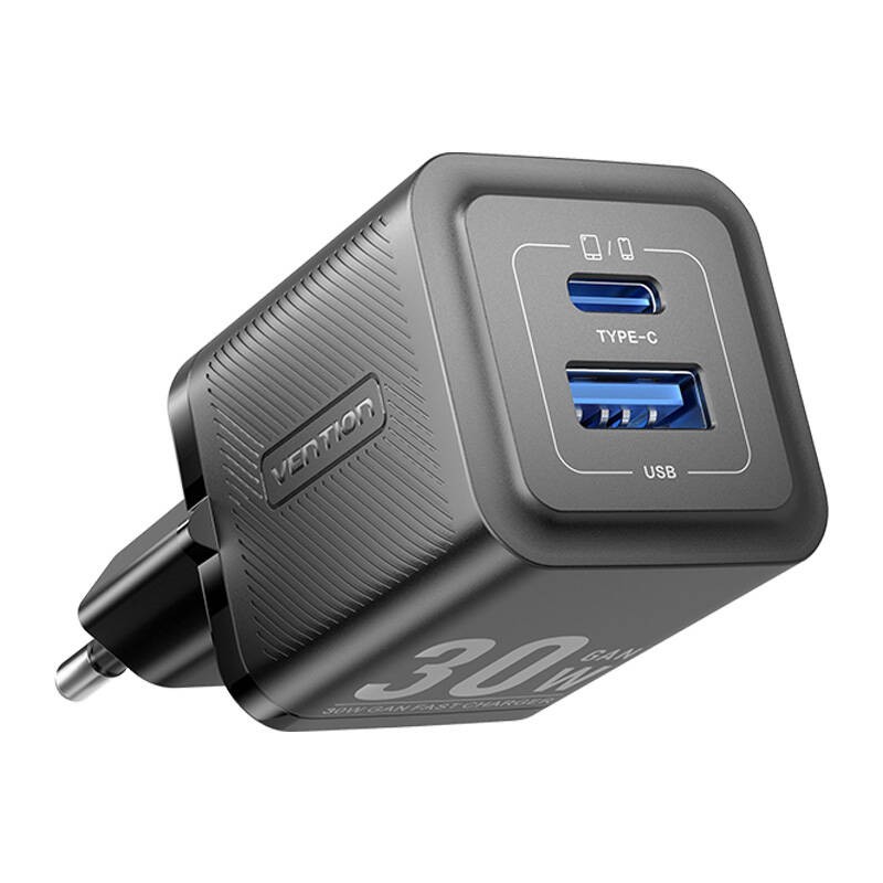 Wall charger, Vention, FEQB0-EU,  USB-C, USB- A, 30W-30W, GaN (black)