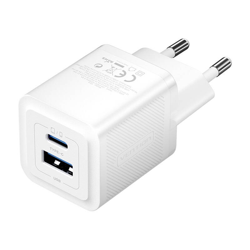 Wall charger, Vention, FEQW0-EU,  USB-C + USB- A,  30W-30W , GaN (white)