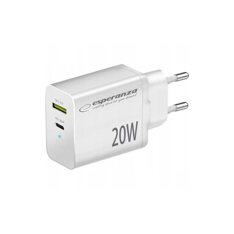 Esperanza EZC105W Wall charger Type C 20W + USB QC3.0 18W