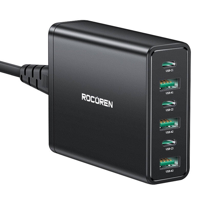 Wall charger GaN Rocoren 3x USB-C, 1x USB, Power Delivery 3.0, 100W (black)