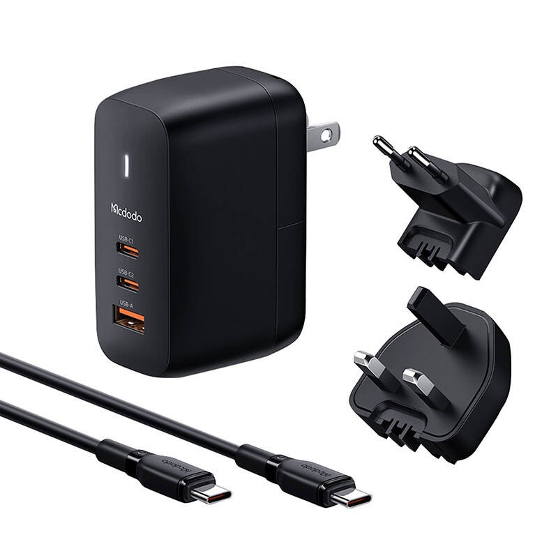 Ładowarka sieciowa Mcdodo CH-8442 UK-US-EU, 2x USB-C + USB-A,  kabel USB-C 2m, 65W (czarna)