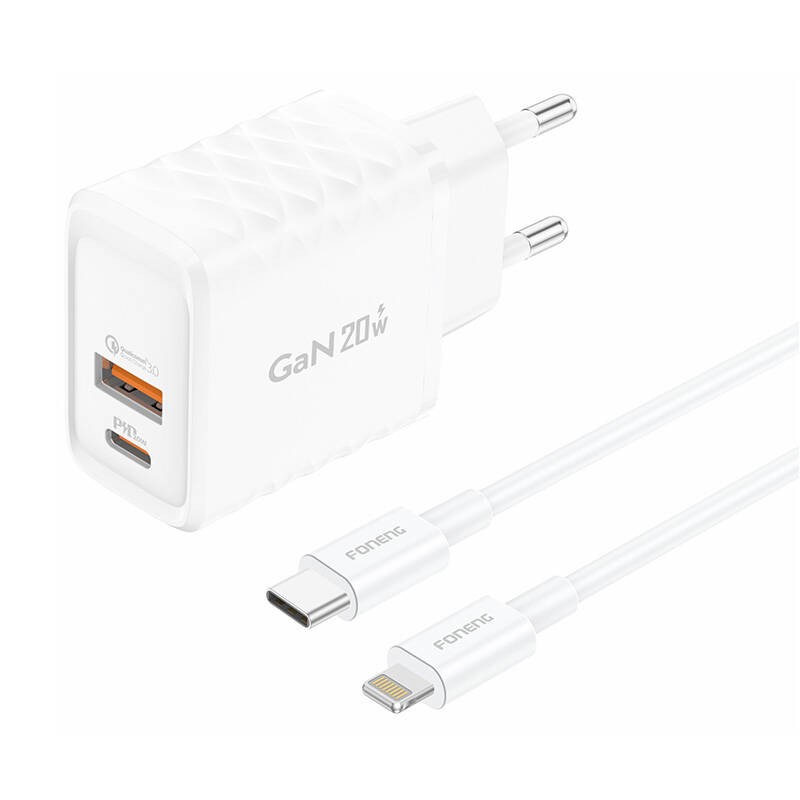 Ładowarka sieciowa Foneng EU56 1xUSB-A, 1xUSB-C, 20W (Biała) + kabel USB-A do Lightning