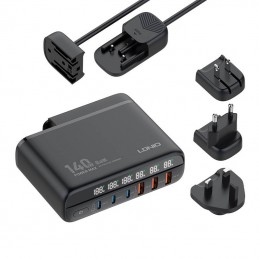 Ładowarka sieciowa z wyświetlaczem 140W LDNIO A6140C 3x USB-A + 3x USB-C, US-UK-EU (czarna)