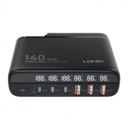 Ładowarka sieciowa z wyświetlaczem 140W LDNIO A6140C 3x USB-A + 3x USB-C, US-UK-EU (czarna)