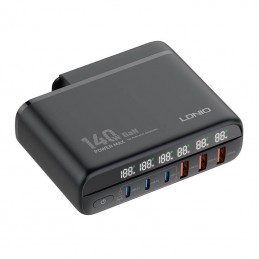 Ładowarka sieciowa z wyświetlaczem 140W LDNIO A6140C 3x USB-A + 3x USB-C, US-UK-EU (czarna)