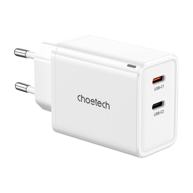 Ładowarka sieciowa Choetech PD6013, GaN, 2x USB-C,  PD65W (biała)