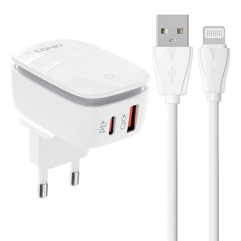 Wall charger  LDNIO A2425C USB, USB-C + Lightning cable