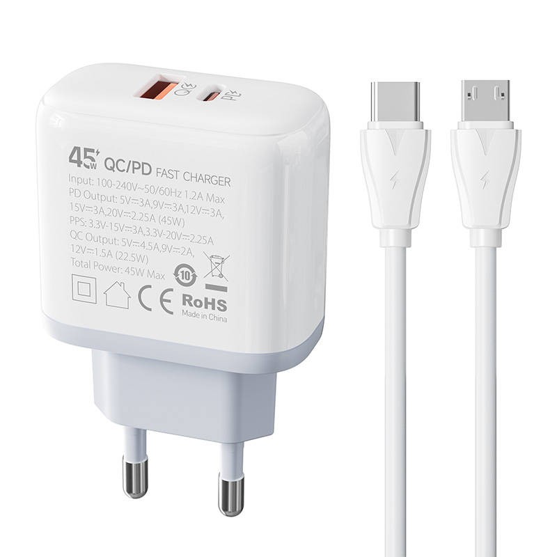 Wall charger LDNIO A2526C USB, USB-C 45W Wall + MicroUSB cable