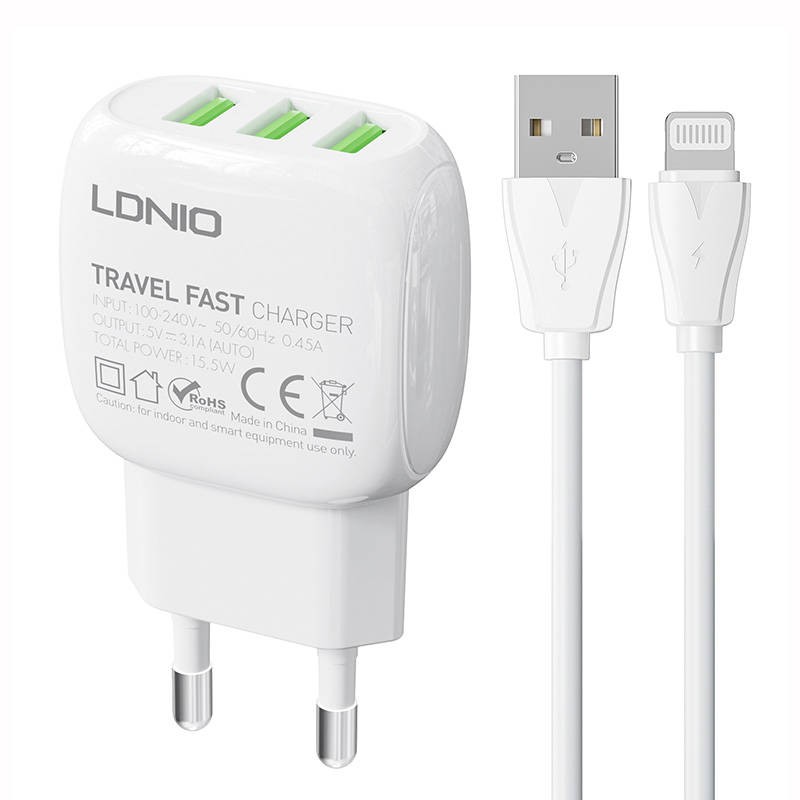 Wall charger LDNIO A3315 3USB + Lightning cable