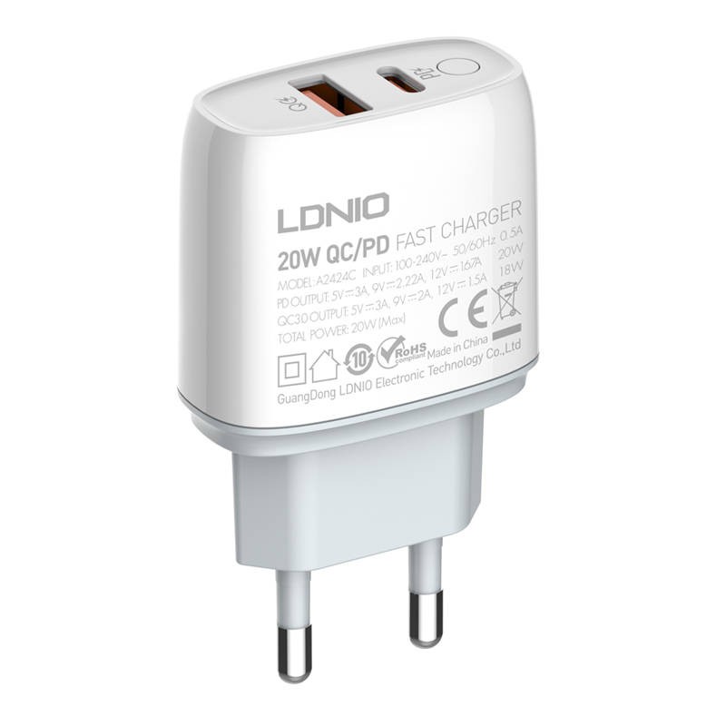 Wall charger LDNIO A2424C USB, USB-C 20W + microUSB Cable