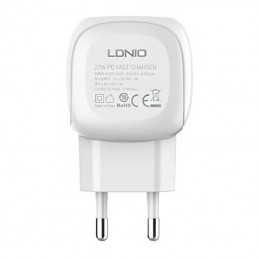 LDNIO A1206C Wall Charger, USB-C, 27W + USB-C to USB-C Cable (White)