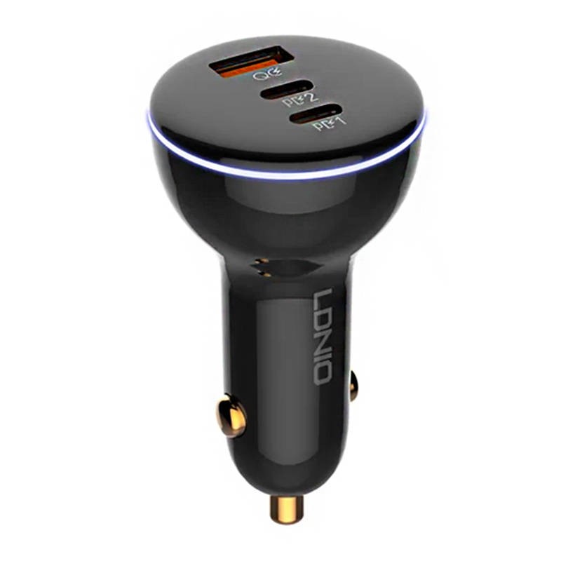 LDNIO C102 Car Charger, USB + 2x USB-C, 160W + USB to USB-C Cable (Black)